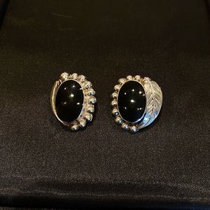 Black Onyx Stone Sterling Silver Clip-On Earrings